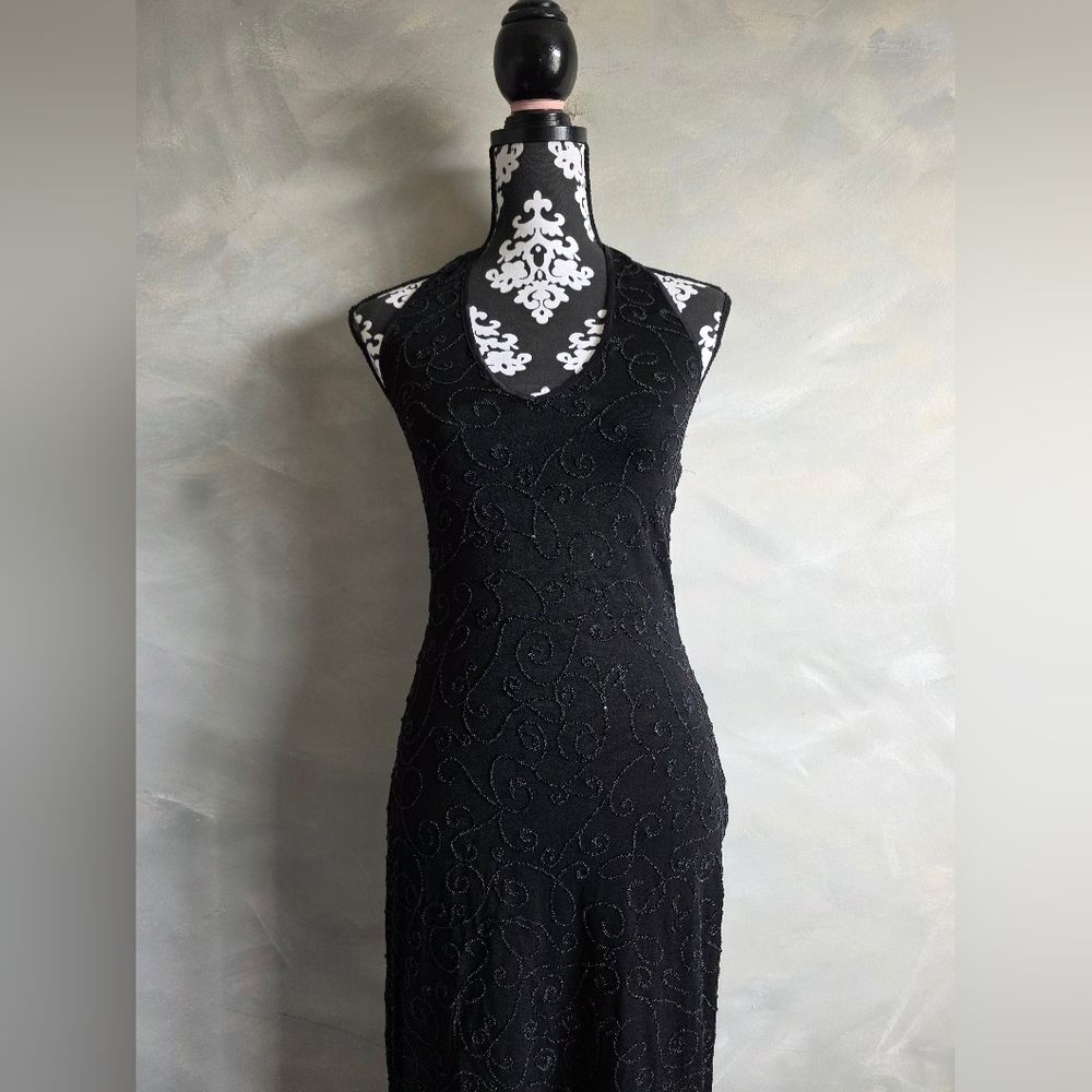 Vintage Black Halter Beaded Maxi Dress Cache Sz M - Picture 3 of 16